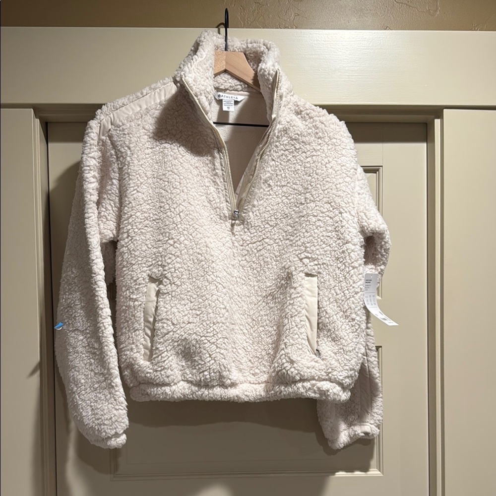 Athleta Cream Teddy Jacket with Half-Zip and High Collar